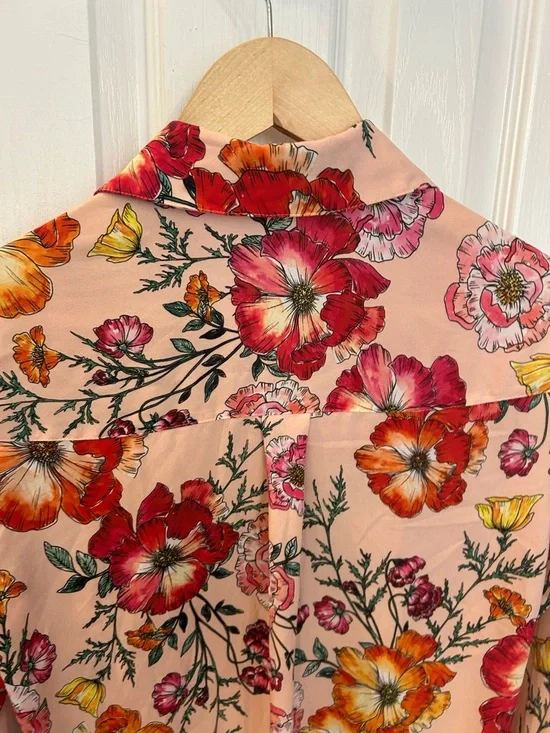 Express Peach Floral Button-Down Shirt with Red & Yellow Blooms - Picture 8 of 9